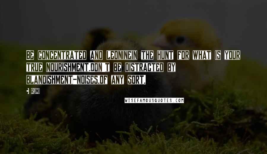 Rumi Quotes: Be concentrated and leoninein the hunt for what is your true nourishment.Don't be distracted by blandishment-noises,of any sort.