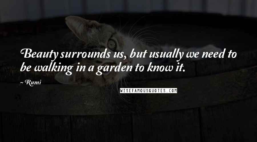 Rumi Quotes: Beauty surrounds us, but usually we need to be walking in a garden to know it.