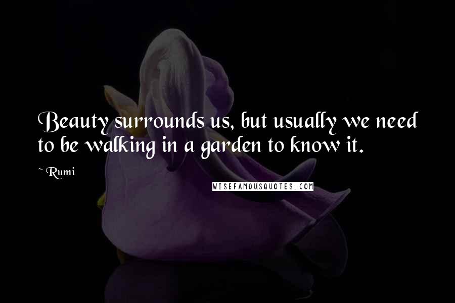 Rumi Quotes: Beauty surrounds us, but usually we need to be walking in a garden to know it.