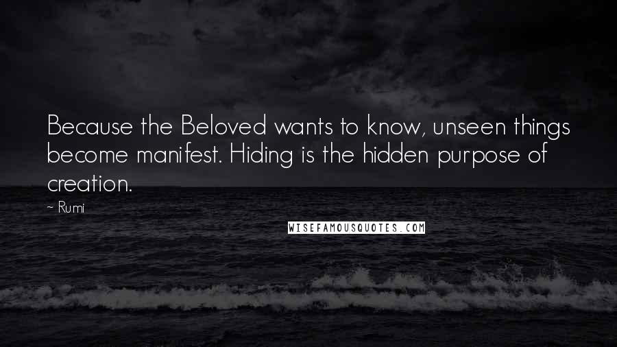 Rumi Quotes: Because the Beloved wants to know, unseen things become manifest. Hiding is the hidden purpose of creation.