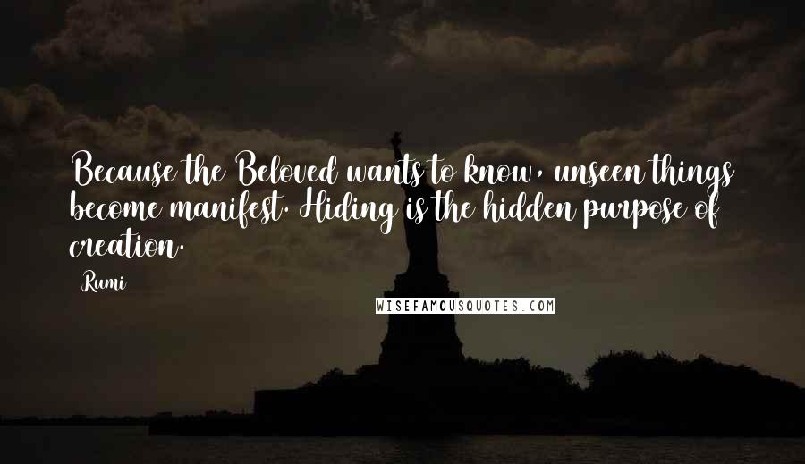 Rumi Quotes: Because the Beloved wants to know, unseen things become manifest. Hiding is the hidden purpose of creation.