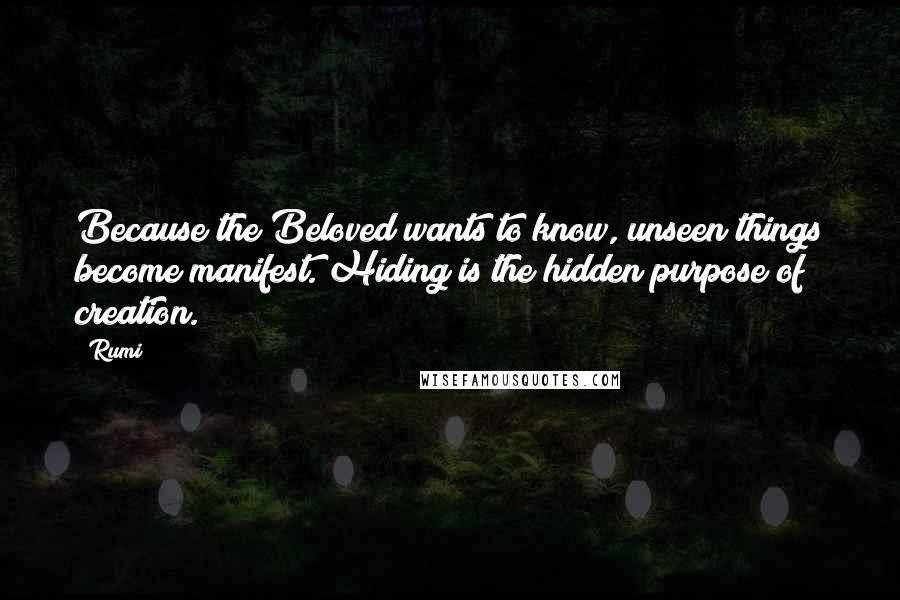 Rumi Quotes: Because the Beloved wants to know, unseen things become manifest. Hiding is the hidden purpose of creation.