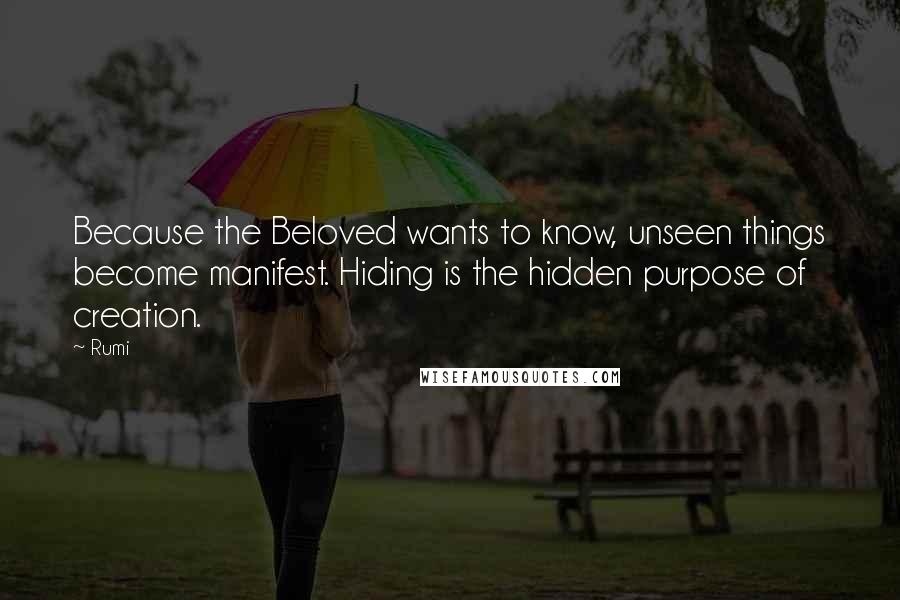 Rumi Quotes: Because the Beloved wants to know, unseen things become manifest. Hiding is the hidden purpose of creation.