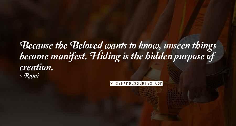 Rumi Quotes: Because the Beloved wants to know, unseen things become manifest. Hiding is the hidden purpose of creation.