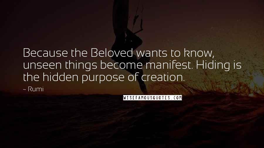 Rumi Quotes: Because the Beloved wants to know, unseen things become manifest. Hiding is the hidden purpose of creation.