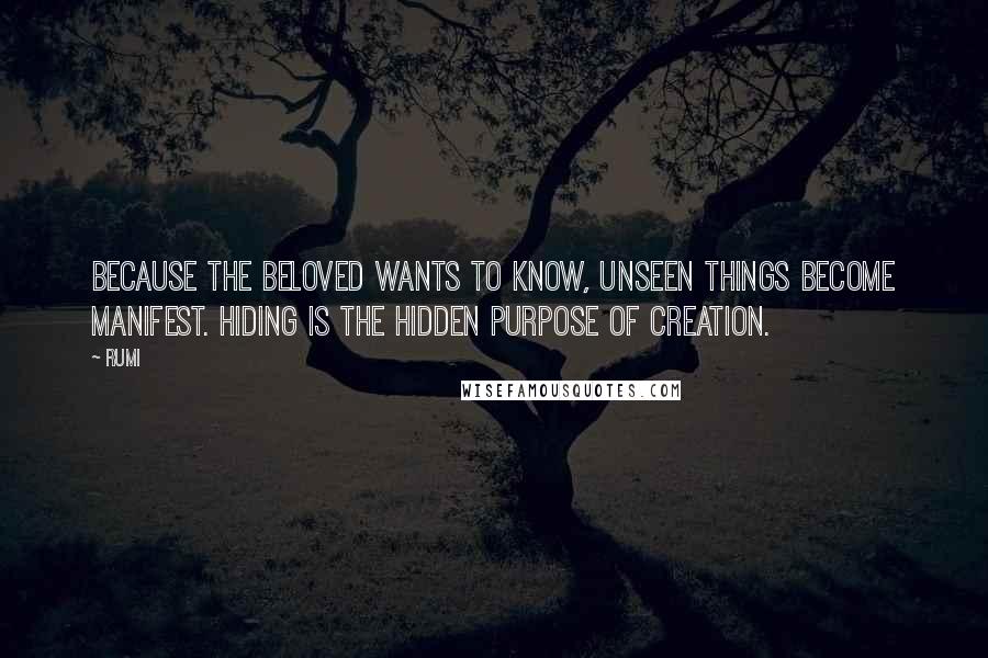 Rumi Quotes: Because the Beloved wants to know, unseen things become manifest. Hiding is the hidden purpose of creation.