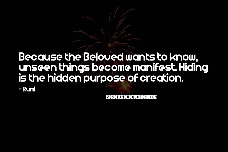 Rumi Quotes: Because the Beloved wants to know, unseen things become manifest. Hiding is the hidden purpose of creation.