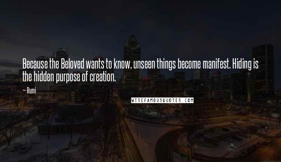 Rumi Quotes: Because the Beloved wants to know, unseen things become manifest. Hiding is the hidden purpose of creation.