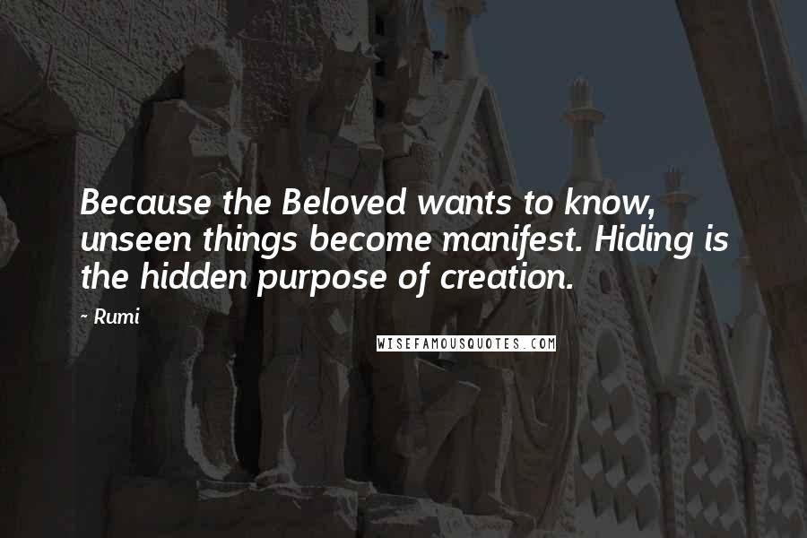 Rumi Quotes: Because the Beloved wants to know, unseen things become manifest. Hiding is the hidden purpose of creation.