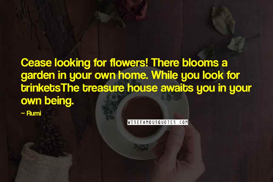 Rumi Quotes: Cease looking for flowers! There blooms a garden in your own home. While you look for trinketsThe treasure house awaits you in your own being.