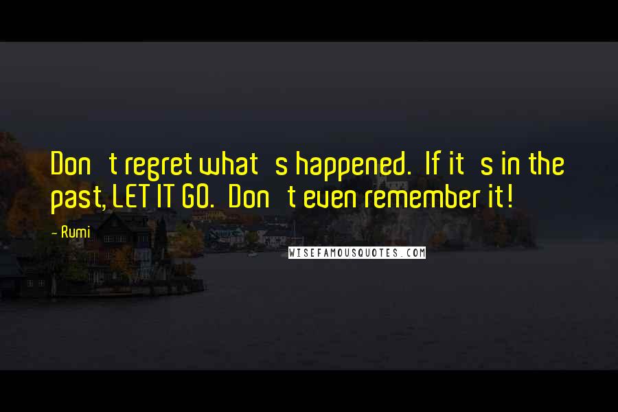 Rumi Quotes: Don't regret what's happened.  If it's in the past, LET IT GO.  Don't even remember it!