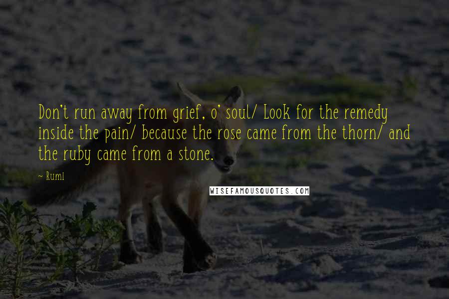 Rumi Quotes: Don't run away from grief, o' soul/ Look for the remedy inside the pain/ because the rose came from the thorn/ and the ruby came from a stone.