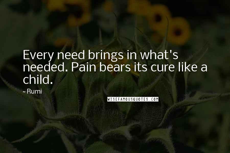 Rumi Quotes: Every need brings in what's needed. Pain bears its cure like a child.