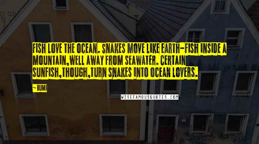 Rumi Quotes: Fish love the ocean. Snakes move like earth-fish inside a mountain,well away from seawater. Certain sunfish,though,turn snakes into ocean lovers.