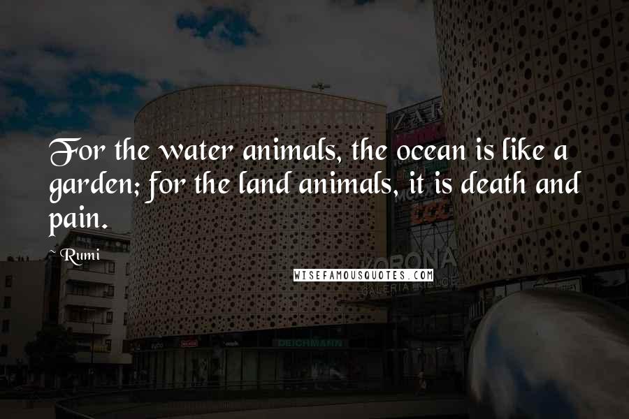 Rumi Quotes: For the water animals, the ocean is like a garden; for the land animals, it is death and pain.