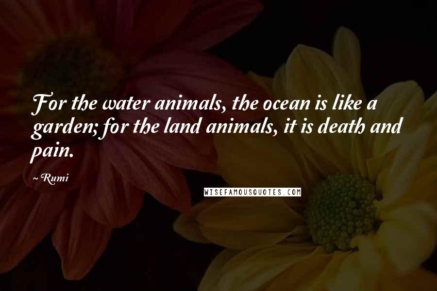 Rumi Quotes: For the water animals, the ocean is like a garden; for the land animals, it is death and pain.