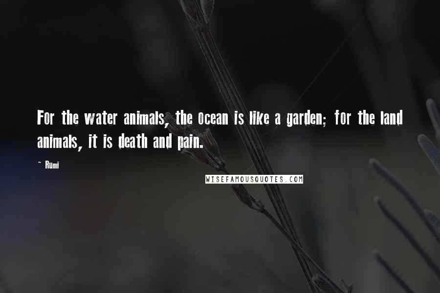 Rumi Quotes: For the water animals, the ocean is like a garden; for the land animals, it is death and pain.