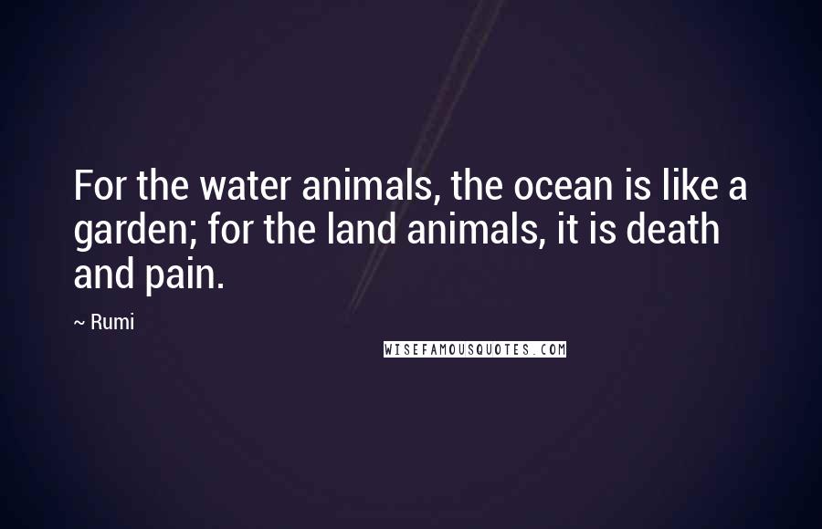 Rumi Quotes: For the water animals, the ocean is like a garden; for the land animals, it is death and pain.