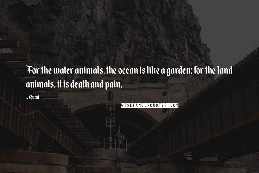 Rumi Quotes: For the water animals, the ocean is like a garden; for the land animals, it is death and pain.