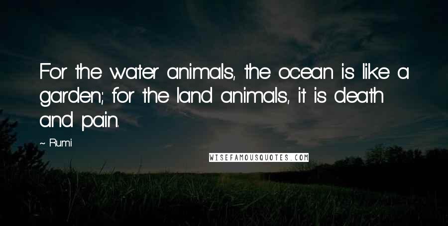 Rumi Quotes: For the water animals, the ocean is like a garden; for the land animals, it is death and pain.