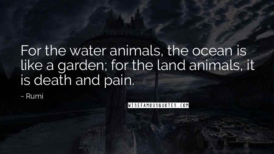 Rumi Quotes: For the water animals, the ocean is like a garden; for the land animals, it is death and pain.