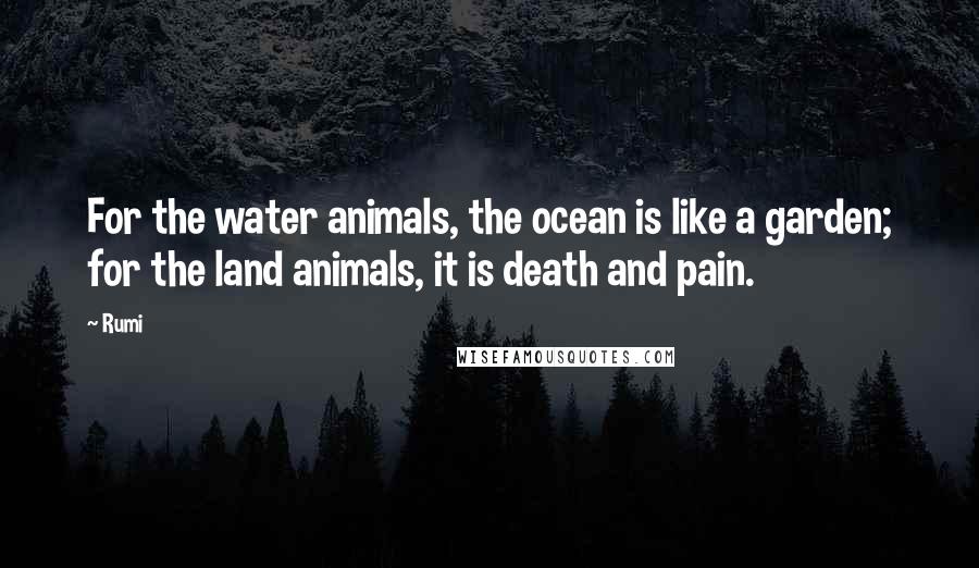 Rumi Quotes: For the water animals, the ocean is like a garden; for the land animals, it is death and pain.