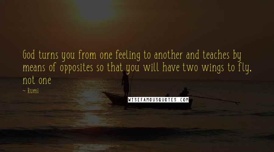 Rumi Quotes: God turns you from one feeling to another and teaches by means of opposites so that you will have two wings to fly, not one