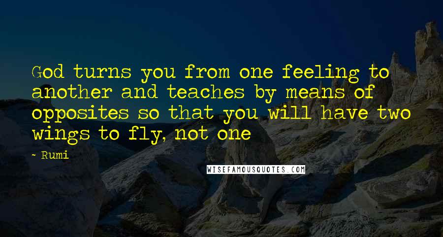 Rumi Quotes: God turns you from one feeling to another and teaches by means of opposites so that you will have two wings to fly, not one