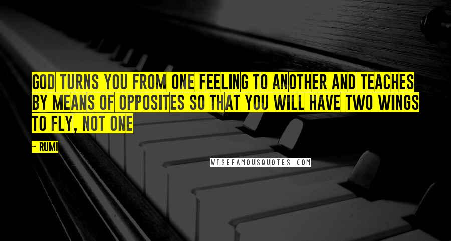 Rumi Quotes: God turns you from one feeling to another and teaches by means of opposites so that you will have two wings to fly, not one