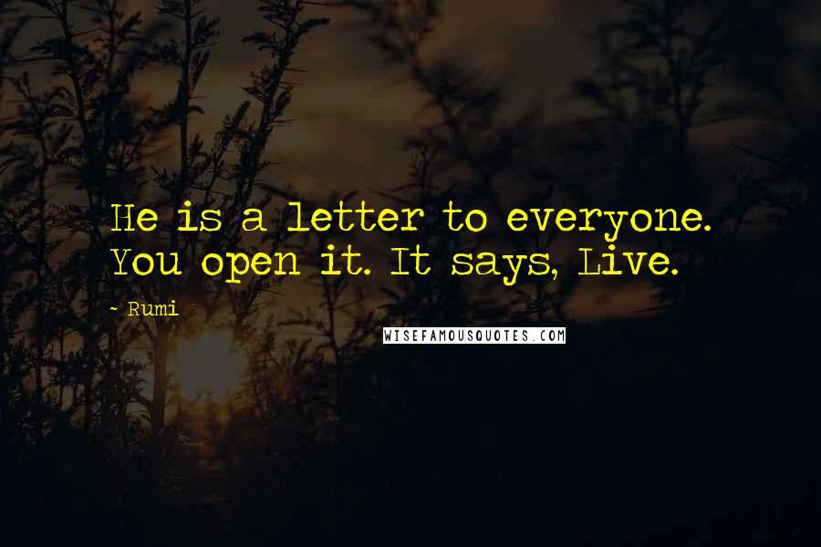 Rumi Quotes: He is a letter to everyone. You open it. It says, Live.