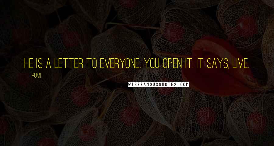 Rumi Quotes: He is a letter to everyone. You open it. It says, Live.