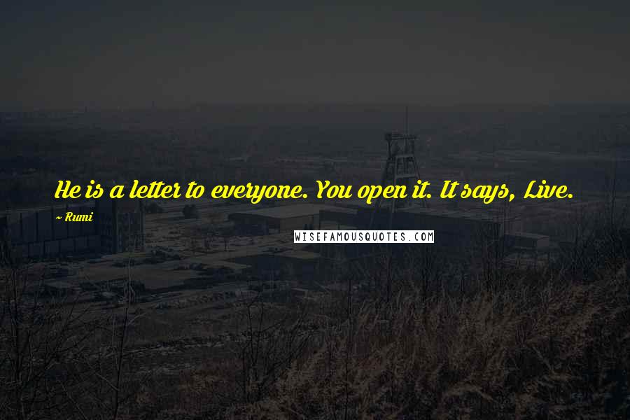 Rumi Quotes: He is a letter to everyone. You open it. It says, Live.