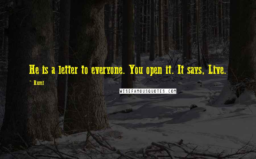 Rumi Quotes: He is a letter to everyone. You open it. It says, Live.