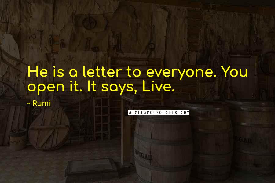 Rumi Quotes: He is a letter to everyone. You open it. It says, Live.
