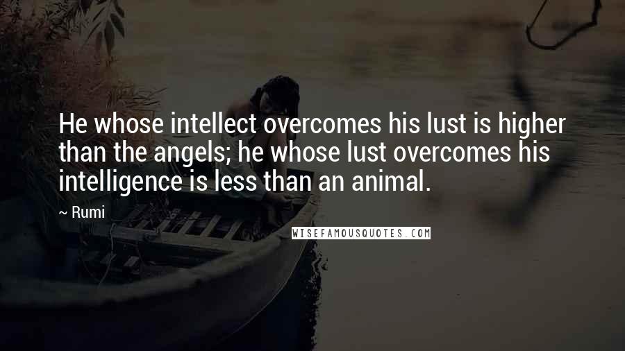 Rumi Quotes: He whose intellect overcomes his lust is higher than the angels; he whose lust overcomes his intelligence is less than an animal.