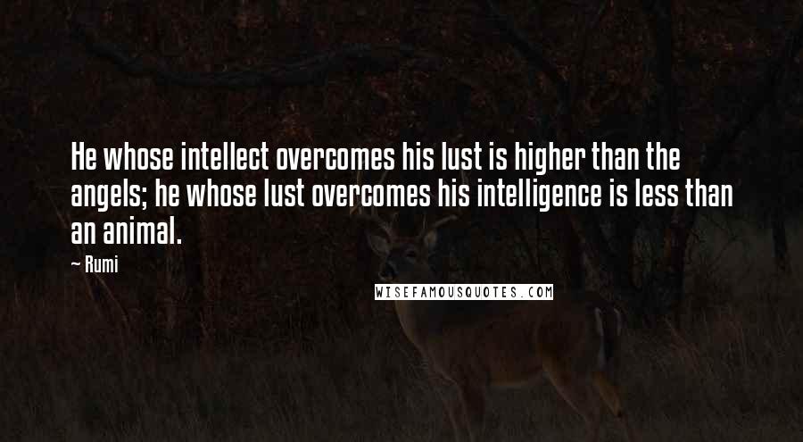 Rumi Quotes: He whose intellect overcomes his lust is higher than the angels; he whose lust overcomes his intelligence is less than an animal.