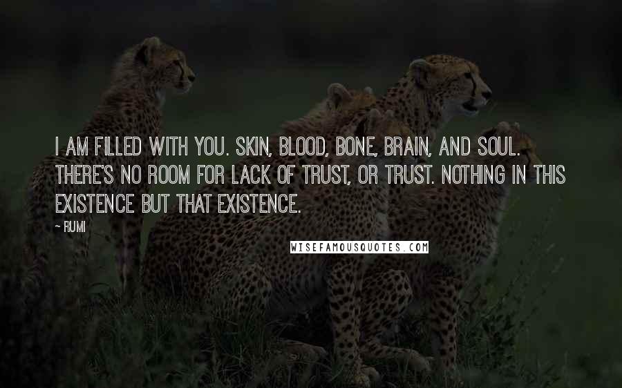 Rumi Quotes: I am filled with you. Skin, blood, bone, brain, and soul. There's no room for lack of trust, or trust. Nothing in this existence but that existence.