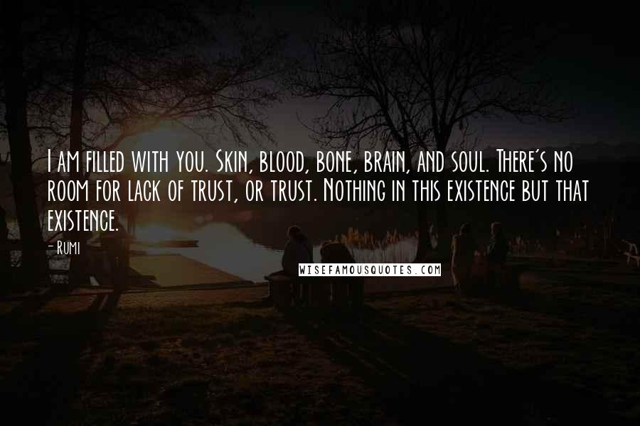 Rumi Quotes: I am filled with you. Skin, blood, bone, brain, and soul. There's no room for lack of trust, or trust. Nothing in this existence but that existence.