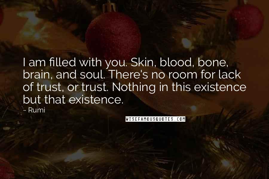 Rumi Quotes: I am filled with you. Skin, blood, bone, brain, and soul. There's no room for lack of trust, or trust. Nothing in this existence but that existence.