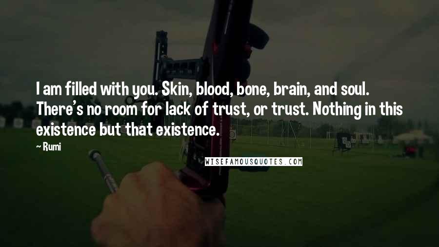 Rumi Quotes: I am filled with you. Skin, blood, bone, brain, and soul. There's no room for lack of trust, or trust. Nothing in this existence but that existence.