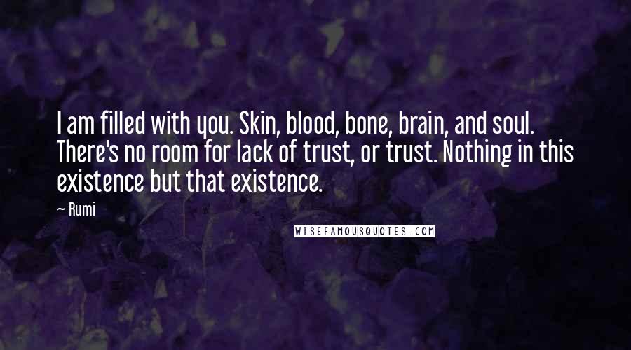 Rumi Quotes: I am filled with you. Skin, blood, bone, brain, and soul. There's no room for lack of trust, or trust. Nothing in this existence but that existence.