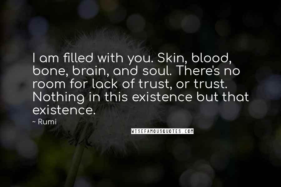 Rumi Quotes: I am filled with you. Skin, blood, bone, brain, and soul. There's no room for lack of trust, or trust. Nothing in this existence but that existence.