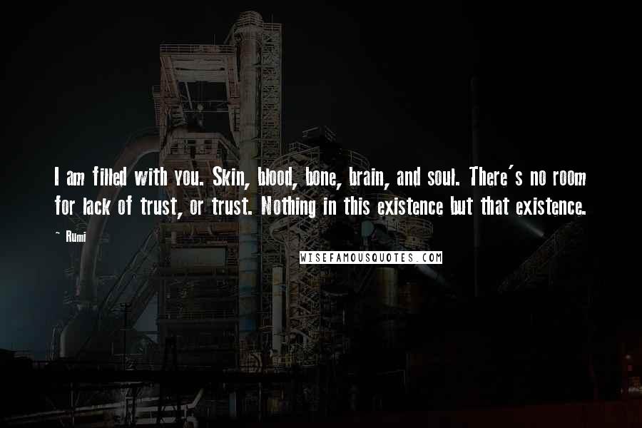 Rumi Quotes: I am filled with you. Skin, blood, bone, brain, and soul. There's no room for lack of trust, or trust. Nothing in this existence but that existence.