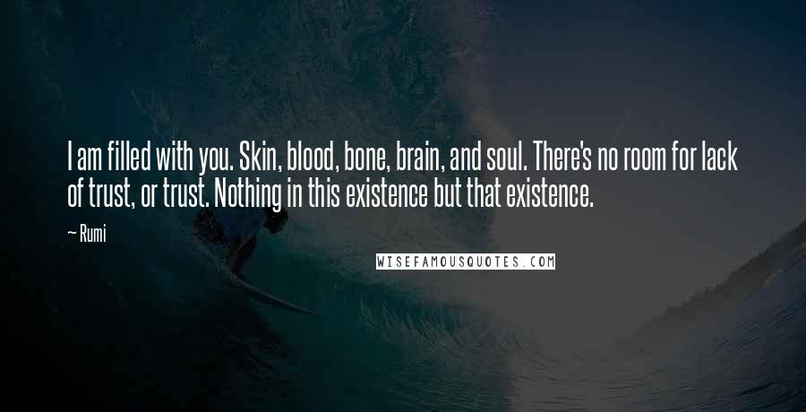 Rumi Quotes: I am filled with you. Skin, blood, bone, brain, and soul. There's no room for lack of trust, or trust. Nothing in this existence but that existence.