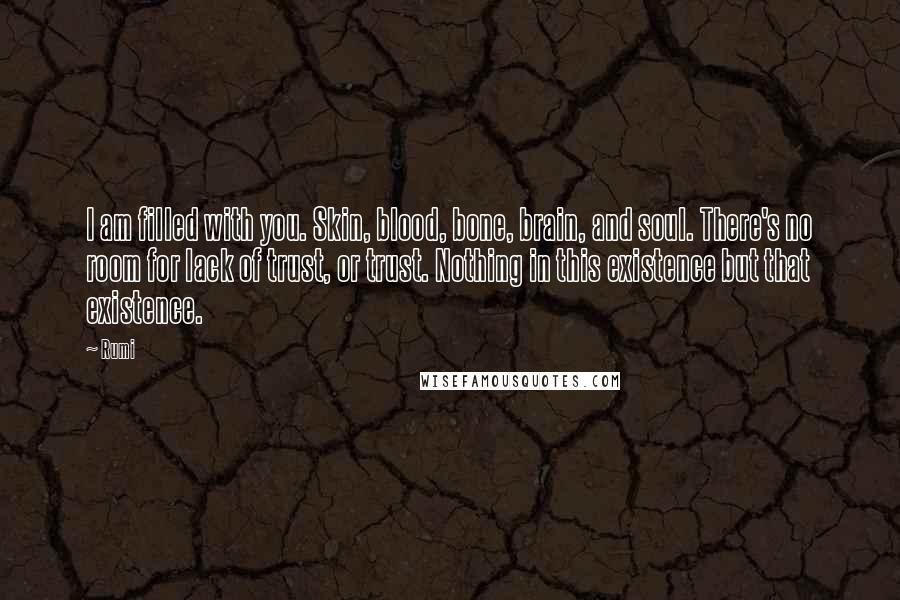 Rumi Quotes: I am filled with you. Skin, blood, bone, brain, and soul. There's no room for lack of trust, or trust. Nothing in this existence but that existence.