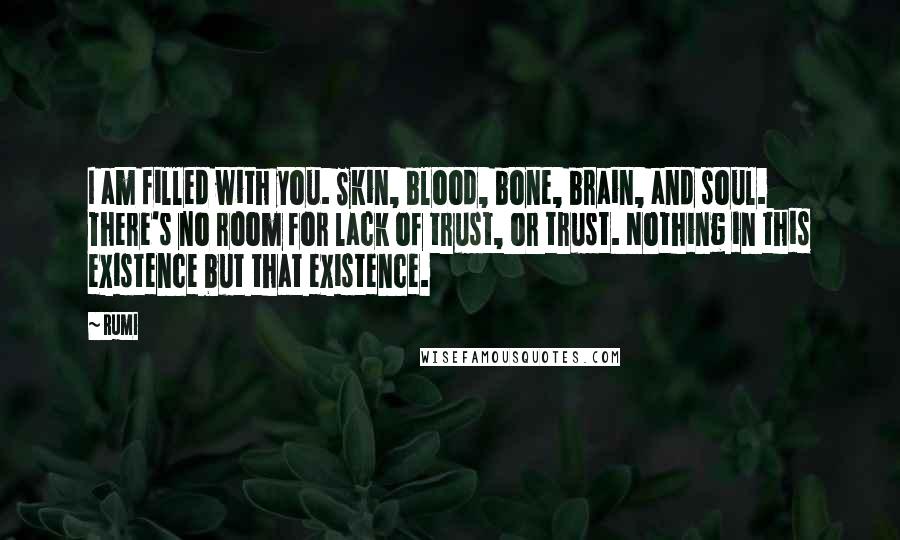 Rumi Quotes: I am filled with you. Skin, blood, bone, brain, and soul. There's no room for lack of trust, or trust. Nothing in this existence but that existence.