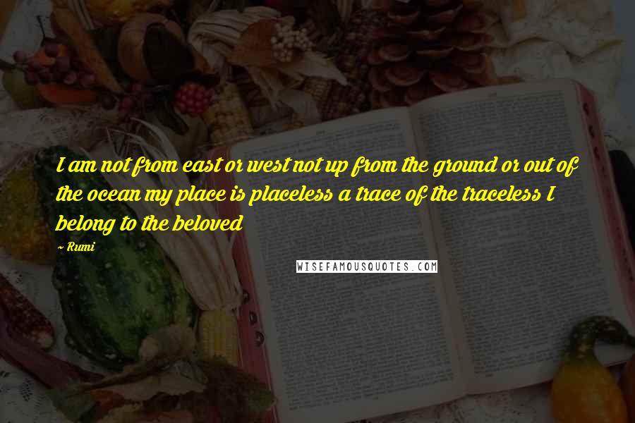 Rumi Quotes: I am not from east or west not up from the ground or out of the ocean my place is placeless a trace of the traceless I belong to the beloved