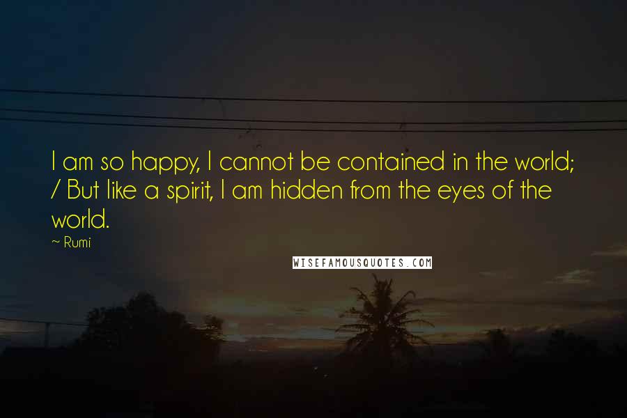 Rumi Quotes: I am so happy, I cannot be contained in the world; / But like a spirit, I am hidden from the eyes of the world.