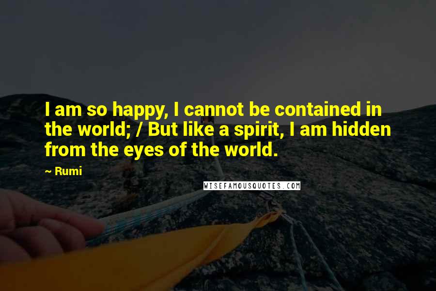 Rumi Quotes: I am so happy, I cannot be contained in the world; / But like a spirit, I am hidden from the eyes of the world.