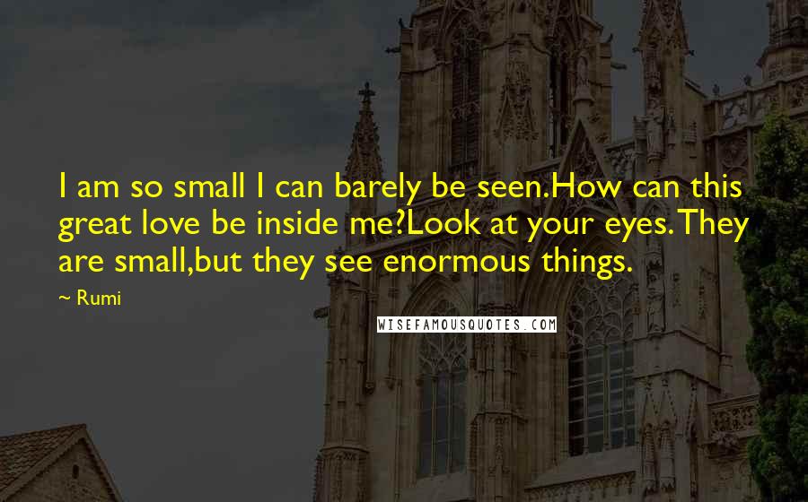 Rumi Quotes: I am so small I can barely be seen.How can this great love be inside me?Look at your eyes. They are small,but they see enormous things.